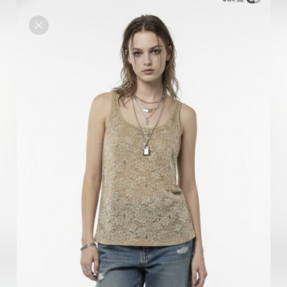 Chico's Tank Y2K Tan Floral Lace Mesh Whimsigoth Fairy 2 (L)